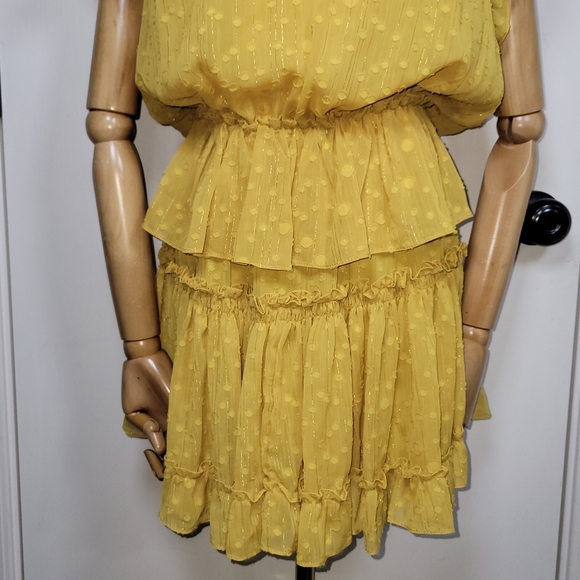 MISA Yellow Polka Dot Ruffle Tiered V-Neck Mini Dress Size Small - Picture 2 of 13